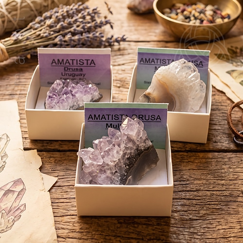 Drusas naturais de Ametista em caixas de apresentação 4x4 cm