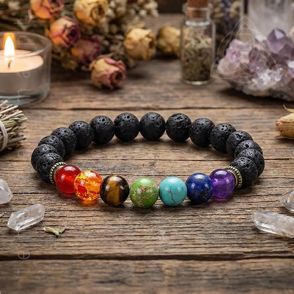 Pulseira Vulcânica dos 7 Chakras de 8mm, contas alusaivas aos 7 chakras e lava vulcânica, na bancada, 600px