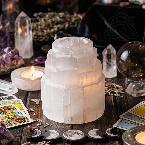 Castiçal Torre de Selenite com cerda de 8cm de altura, acabamento rústico em torre, 500px