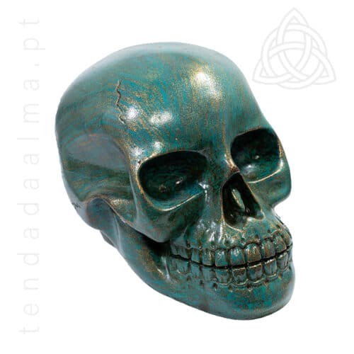 Caveira em resina, replica de um cranio humano, cor verde, 500px