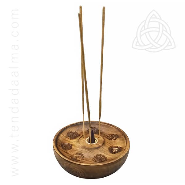 Icensario de madeira gravado com os simbolos dos 7 chakras img1