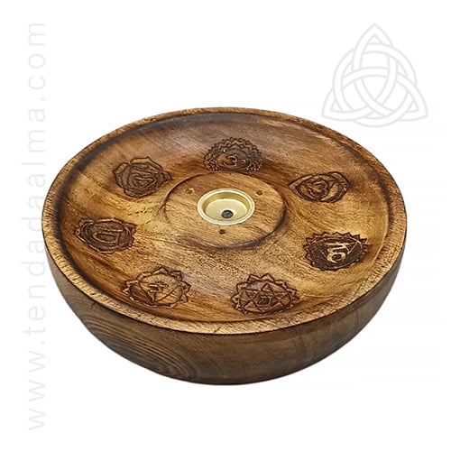 Incensário de Madeira Gravado com os 7 Chakras, Disco de Madeira com 7 Chakras, 500px