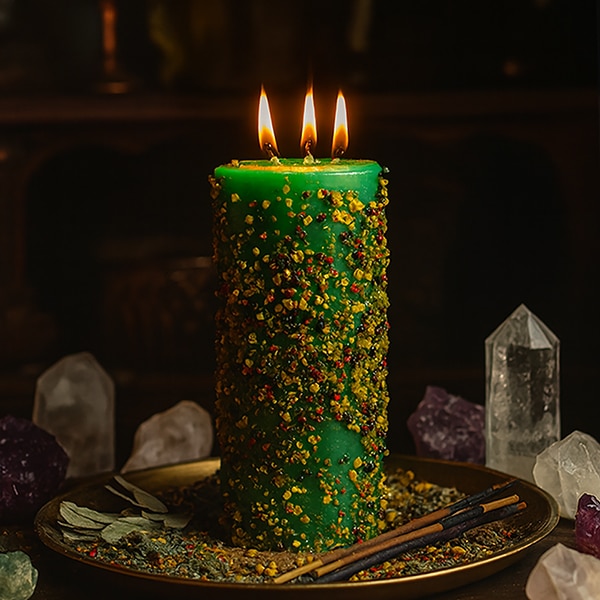 Poderoso Velao Abre Caminhos com 3 Pavios, Velão de Ervas, Velão de Ritual, Pavios Acesos, 600px