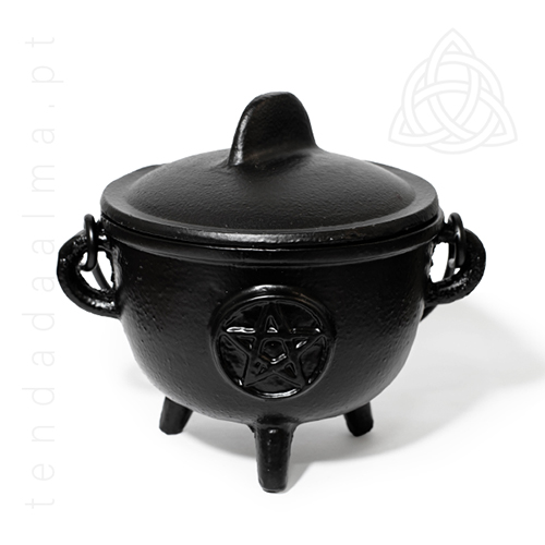 Caldeirao de Ferro Fundido pequeno, tamanho 110 X 130mm, preto com pentagrama, 500px