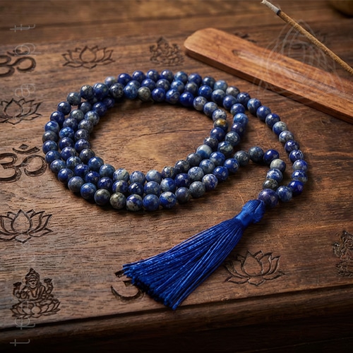 Japamala de Sodalite, Terço Tibetano, contas de 8mm e Meru de 10mm, tamanho 85/90 cm, 500px