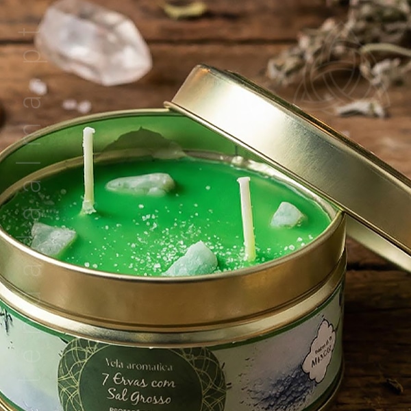 Velas Minerais 7 Sete Ervas e Sal Grosso com Amazonite