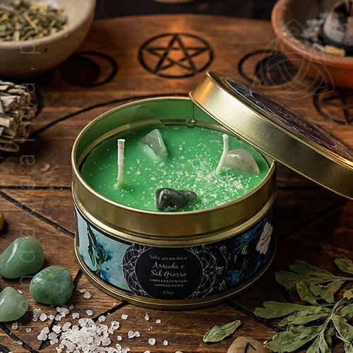 Velas Minerais Arruda e Sal Grosso com Aventurina Verde
