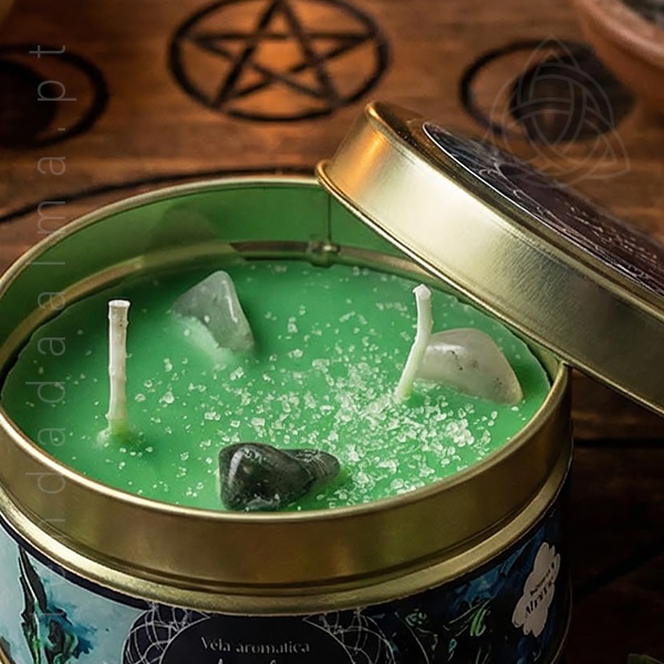 Velas Minerais Arruda e Sal Grosso com Aventurina Verde