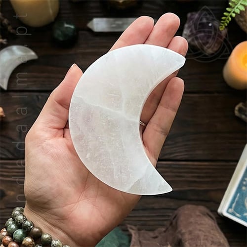 Base de selenite em forma de lua de 90 a 100mm de comprimento, 500px