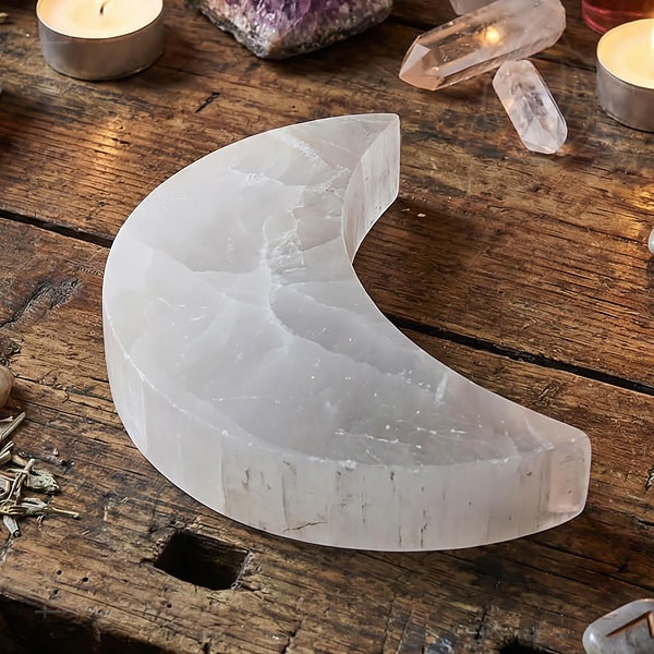 Base de selenite em forma de lua de 90 a 100mm de comprimento, 600px