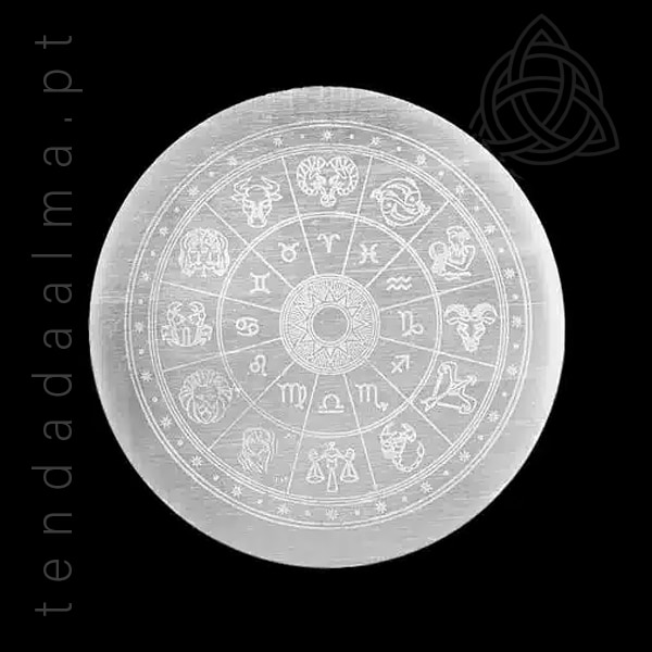 Base de Selenite Roda da Vida, Roda Zodiacal, Zodiaco, 600px