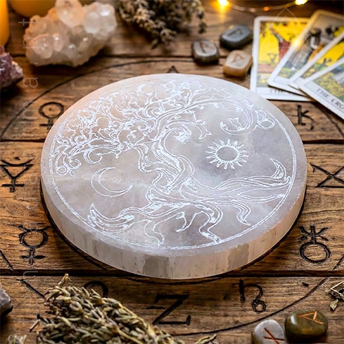 Base de Selentie gravada com Árvore da Vida de aproximadamente 10 cm, acabamento polido, 500px