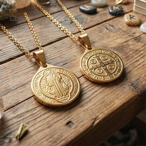 Fio com Medalha de São Bento em aço dourado, gravado, img1, 500px