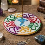 Incensario Redondo em Pedra de Sabão com Ganesh e Flor de Lótus alusiva aos sete chakras, 500px