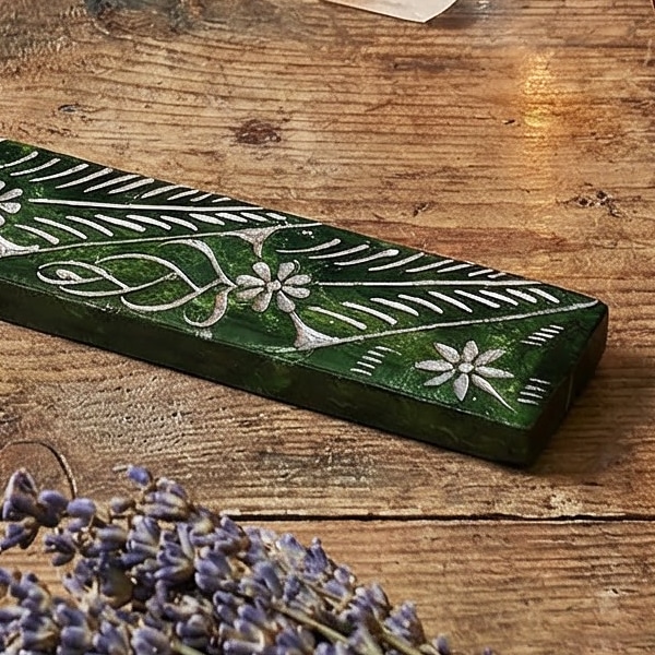 Incensario Tabua em Pedra Sabao com motivos florais na cor verde, 25cm de comprimento, img2, 600px