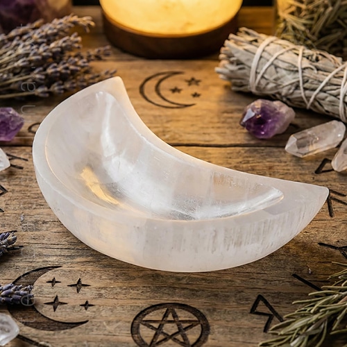 Taca de selenita em forma de lua de 90 a 100mm de comprimento, 500px