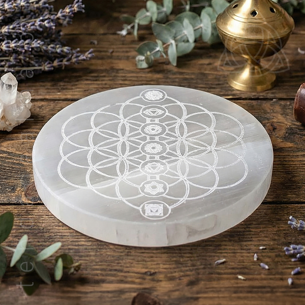 Tenda da Alma 205 Base de Selenite Flor da Vida com os Chakras com 12cm de diametro, origem: Marrocos, img2, 600px