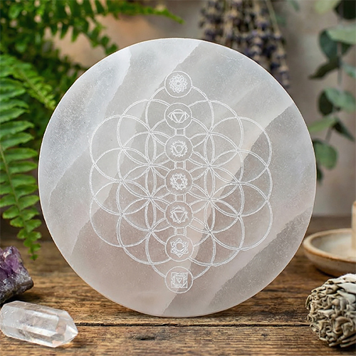 Tenda da Alma 204 Base de Selenite Flor da Vida com os Chakras com 12cm de diametro, origem: Marrocos, img3, 500px