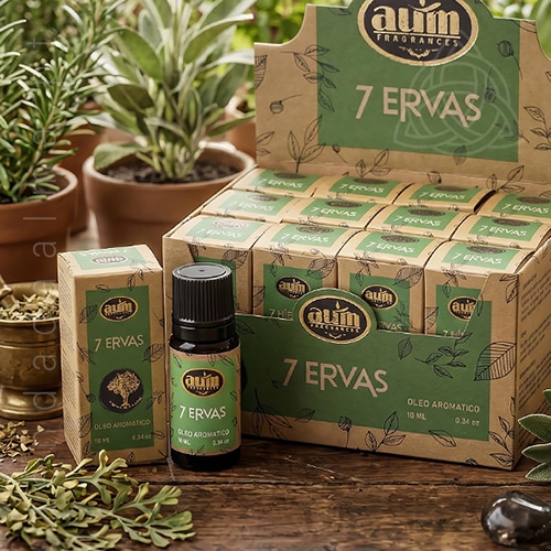 Oleo aromatico 7 Ervas da linha organcia da AUM Fragrance. Também conhecido como Essencia aromatica. Produto natural feito na Índia.