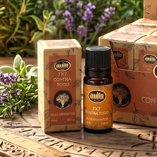 Oleo aromatico 7X7 Contra Tudo da linha organica da AUM Fragrance. Também conhecido como Essencia aromatica. Produto natural feito na Índia.