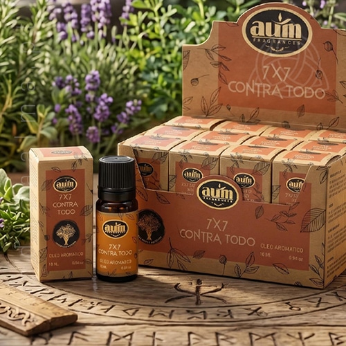 Oleo aromatico 7X7 Contra Tudo da linha organcia da AUM Fragrance. Também conhecido como Essencia aromatica. Produto natural feito na Índia.