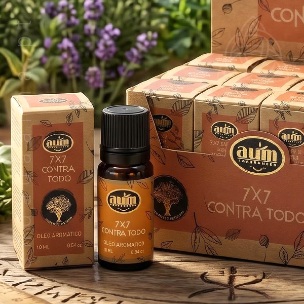 Oleo aromatico 7X7 Contra Tudo da linha organcia da AUM Fragrance. Também conhecido como Essencia aromatica. Produto natural feito na Índia.