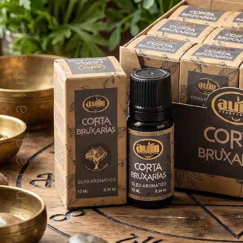 Oleo aromatico Corta Bruxarias da linha organica da AUM Fragrance. Também conhecido como Essencia aromatica. Produto natural feito na Índia.