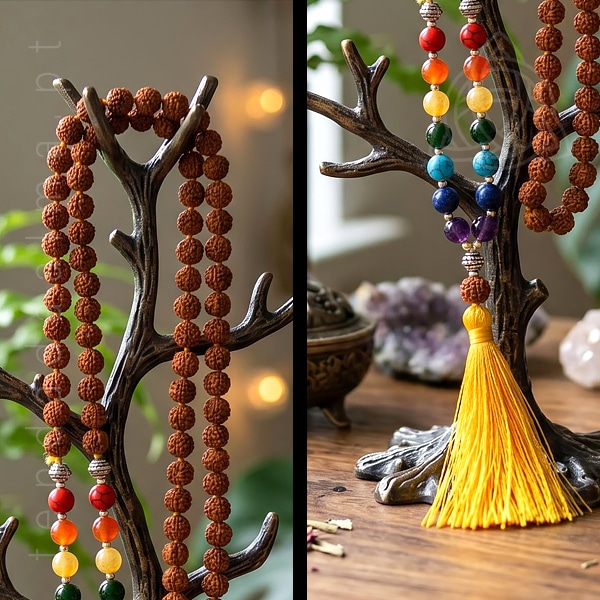Japamala Indiano de sementes de Rudraksha com pedras alusivas aos 7 chakras