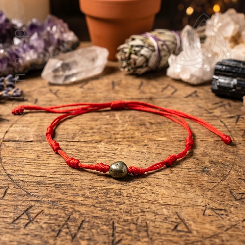 Pulseira vermelha dos 7 nos com pirite, pirita feita à mão, artesanal