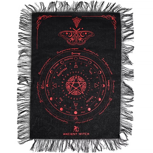Pano para pendulo em algodao puro com borboleta e pentagrama, cor preto e vermelho