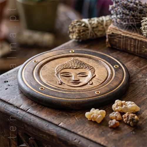Porta Incensos Disco de Madeira com 10 cm com Buda gravado