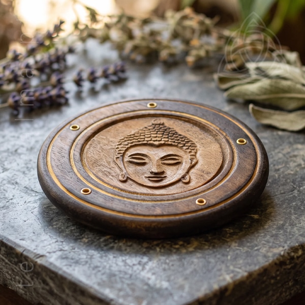 Porta Incensos Disco de Madeira com 10 cm com Buda gravado