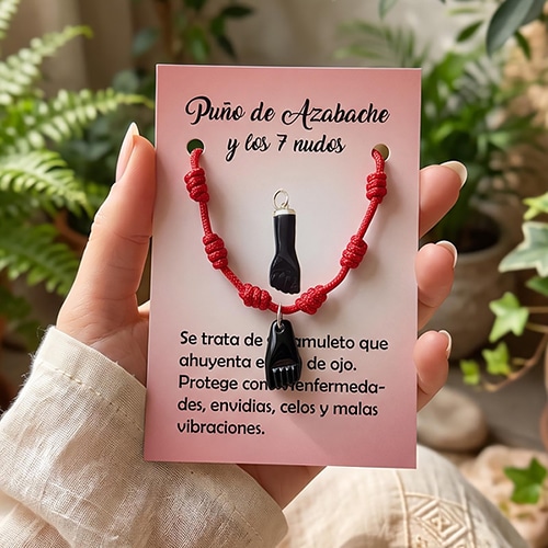 Pulseira vermelha com 7 nós e pendente com figa de azeviche