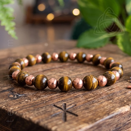 Pulseira banhada a cobre e Olho de Tigre com esferas de 6mm e 8 mm