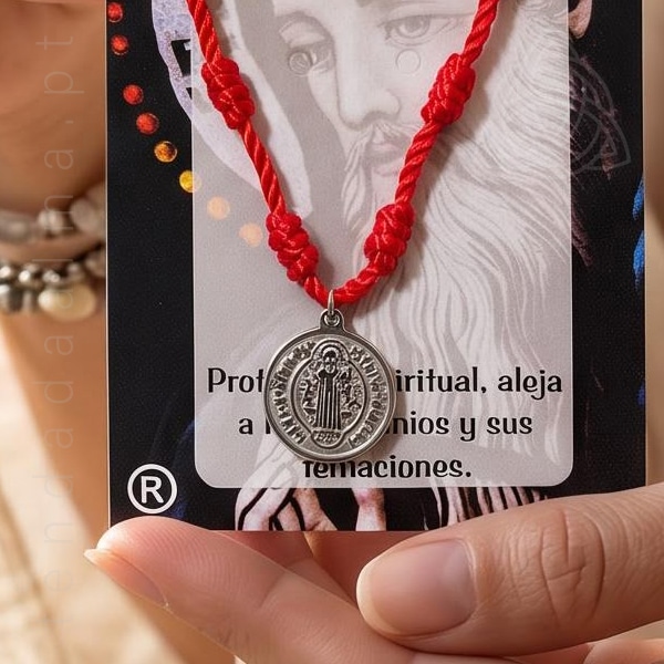 Pulseira dos 7 Nós Vermelha com medalha de São Bento Prateada