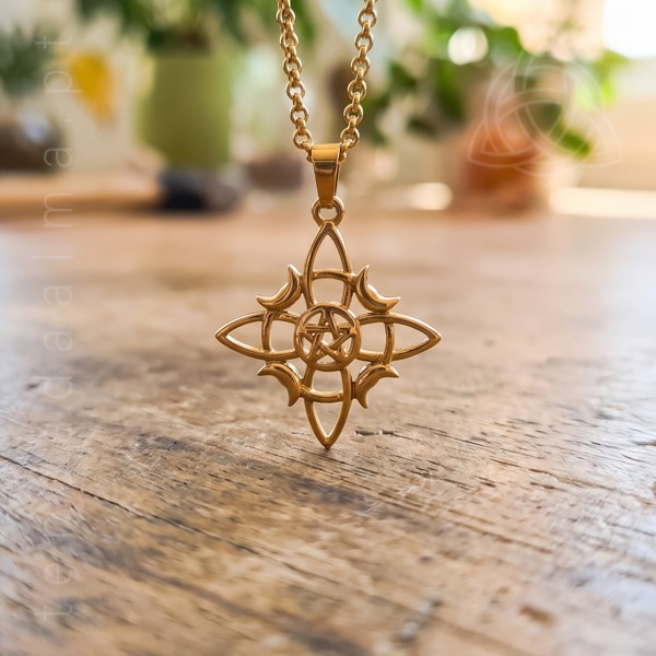 Fio em aço dourado com pendente de Nó de Bruxa e Pentagrama de 20 mm