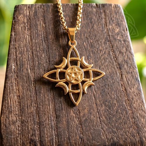 Fio em aço dourado com pendente de Nó de Bruxa e Pentagrama de 20 mm