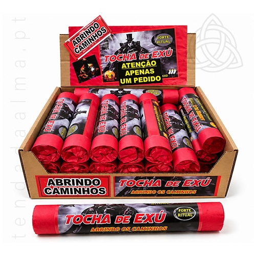 Tocha de Exu – Abrindo Caminhos, artigo ritualístico vermelho com embalagem preta e vermelha, apresentado individualmente e em caixa expositora.