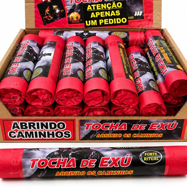 Tocha de Exu – Abrindo Caminhos, artigo ritualístico vermelho com embalagem preta e vermelha, apresentado individualmente e em caixa expositora.